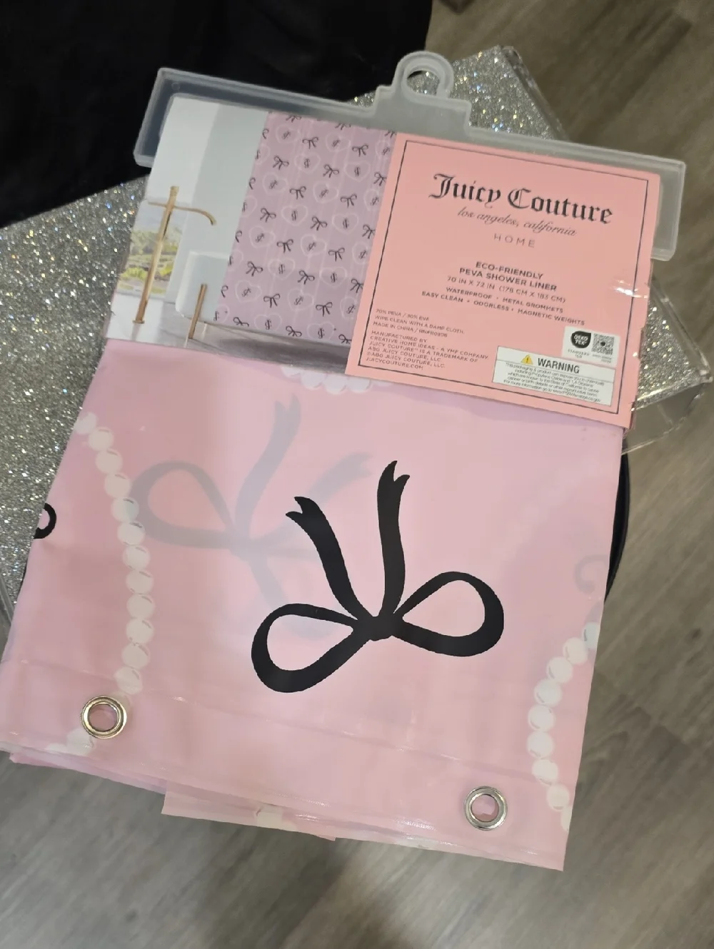 Juicy Couture Home JC Heart Logo & Bow PEVA Shower Curtain Liner